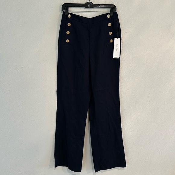 NWT Calvin Klein Linen Blend Gold Button Navy Pant - Picture 1 of 10